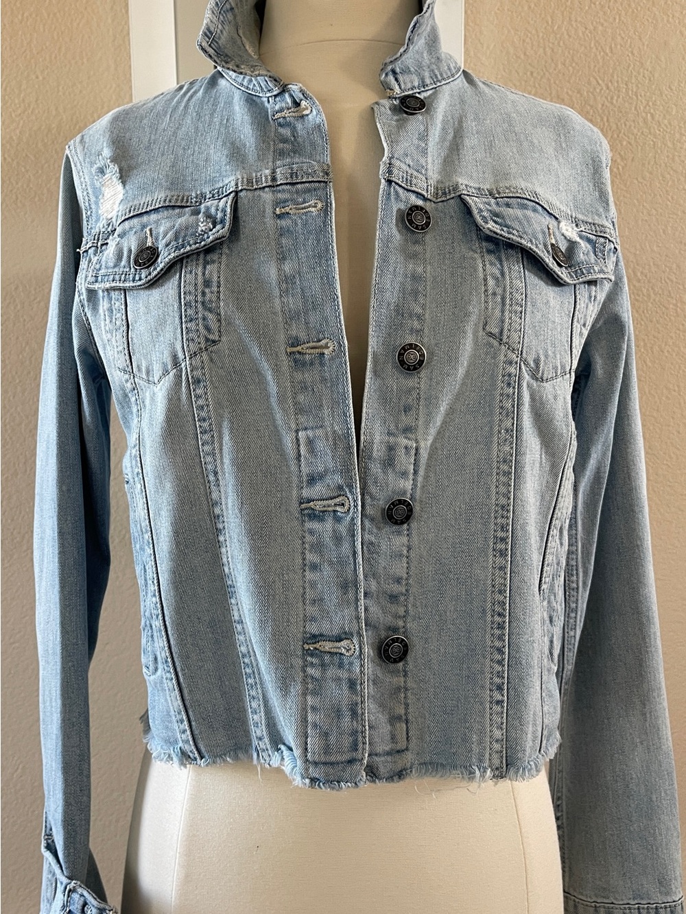 Sam Edelman Light Blue Distressed Denim Crop Jacket